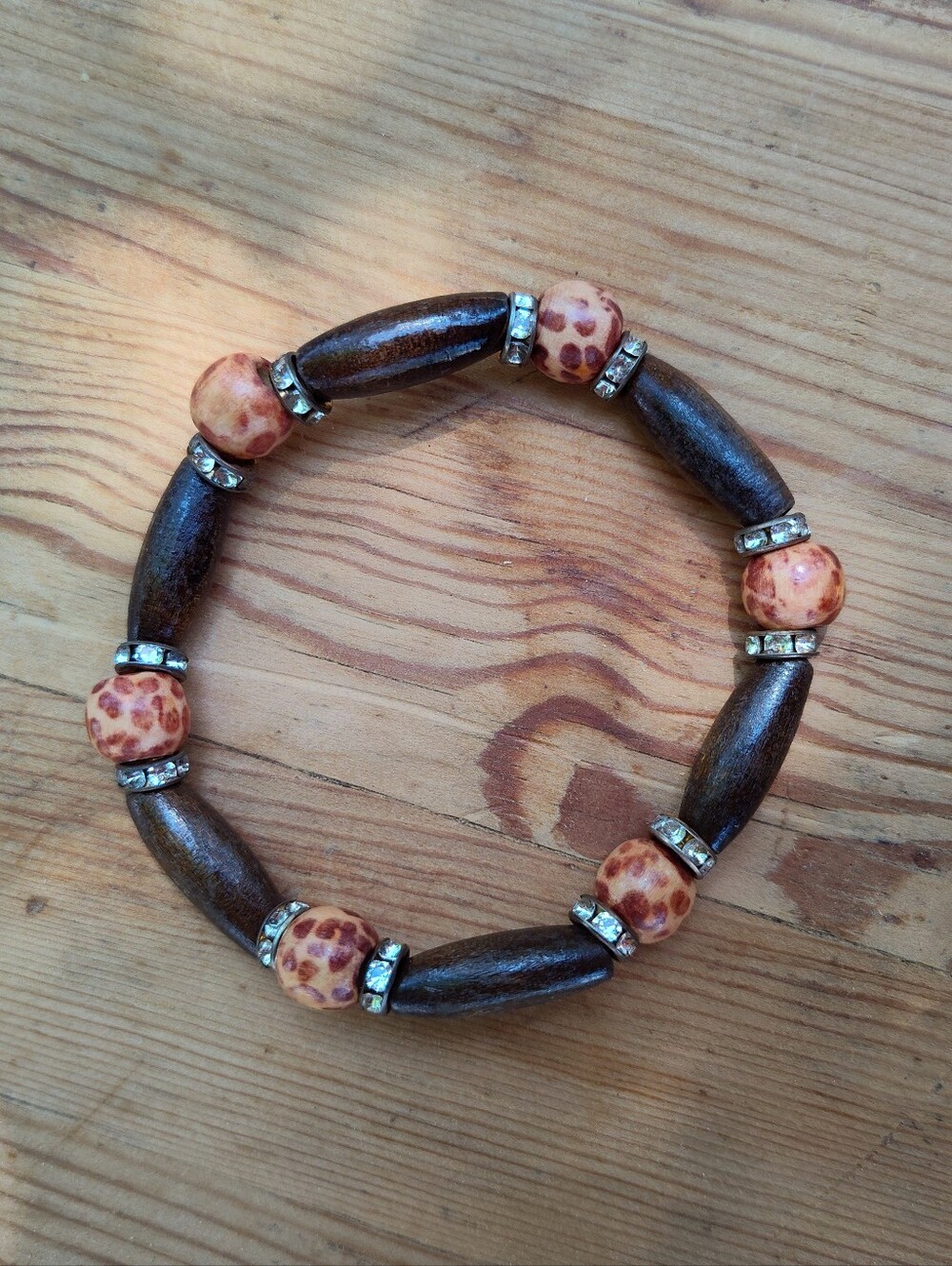 Brown Leopard print Beads with Gold tone rhinestone spacers Beaded Bracelet